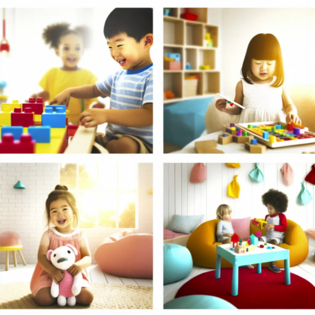 Dzieci bawiące się kreatywnymi zabawkami w kolorowym pokoju