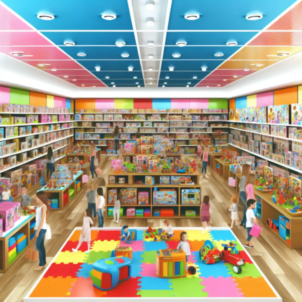 Kolorowy sklep z zabawkami pełen gier, puzzli i kreatywnych zestawów