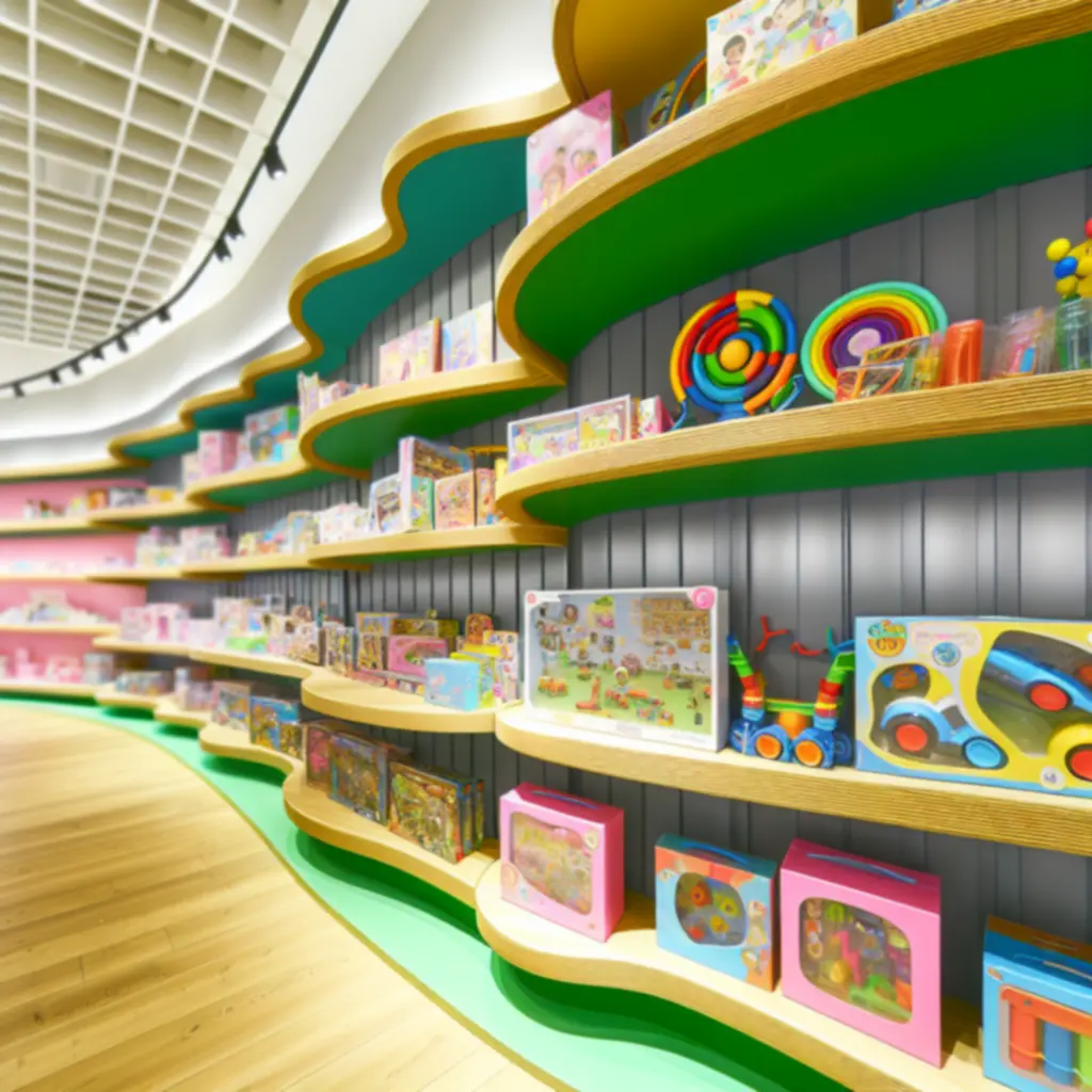 Kolorowe nowe zabawki i gry ułożone na półkach